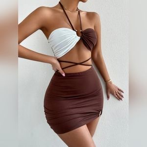 2-Tone Criss Cross Halter Top With Bodycon Skirt